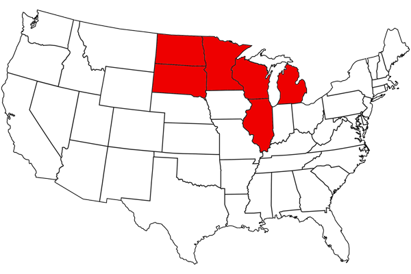 Map of the US with Wisconsin, Illinois, Minnesota, South Dakota, North Dakota, and Michigan in red